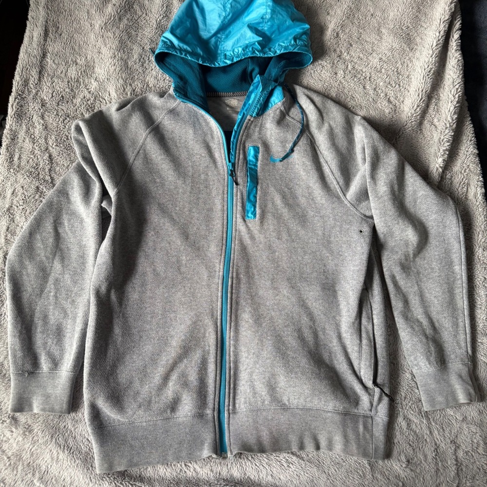 Nike Womens Full Zip Hoodie Grey Teal Waffle Knit Lined Hooded Jacket